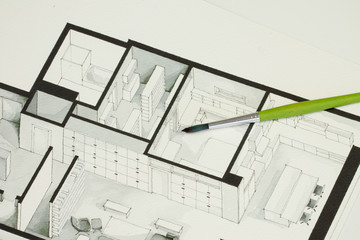 Naklejka na ściany i meble Single green brush set on real estate floor plan architectural isometric sketch sending a message for cold but elegant simplicity in property development market trends and design