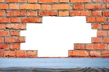Orange brick wall and a blue tabletop