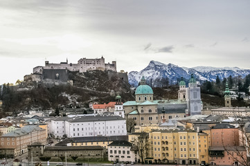 Top view on Salzburg city and Hohensalzburg fortress at winter,