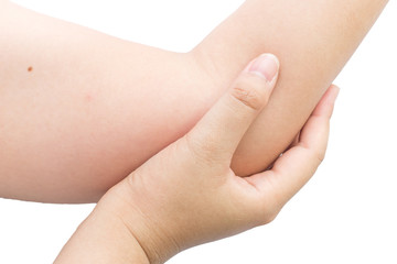 Female holding hand at elbow pain.