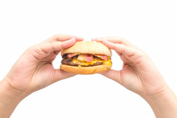 Woman hand holding burger with isolated background.