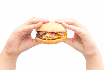Female hand holding burger in isolate background. - 88134405