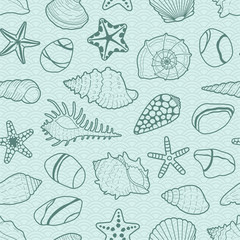Vector background with sea shells, stars, stones