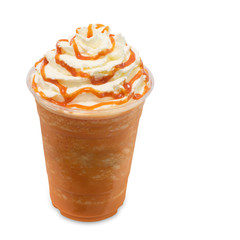 Thai tea smoothie in takeaway glass isolated on white background