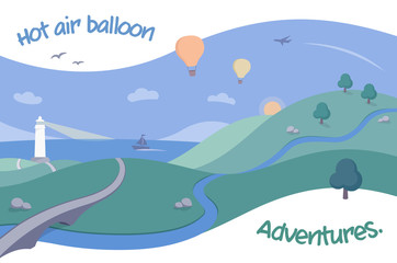 Scenic Landscape with Hot Air Balloons - hot air balloons flying over coastal scenery, in the style of a retro postcard print. Ideal for illustrating themes of leisure and the outdoors.