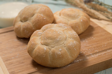 Italian fresh homemade bread turtle on a wooden cutting board 