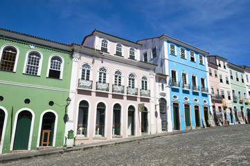 Historic city center of Pelourinho Salvador da Bahia Brazil features colorful colonial architecture on a broad cobblestone hill