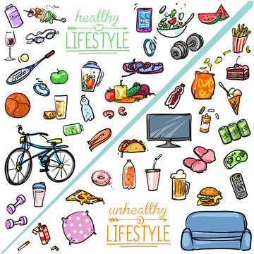 Healthy Lifestyle vs Unhealthy Lifestyle. 