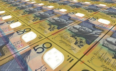 Australian dollar bills stacks background.