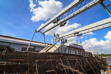 Military gunt boat under construction, supper structure assembly