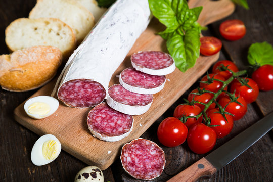 Salami bread with basil and cherry tomatoes