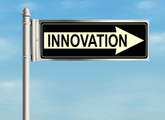 Innovation. Road sign on the sky background. Raster illustration.
