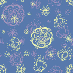 Hand drawn seamless abstract floral pattern with butterflies