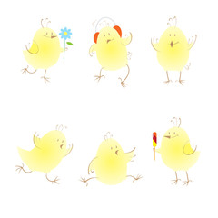 Set with six cute cartoon chickens in different poses.