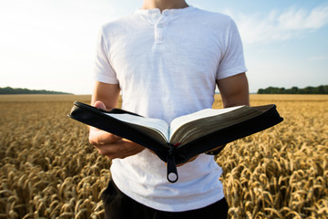 Man holding open Bible in a wheat field