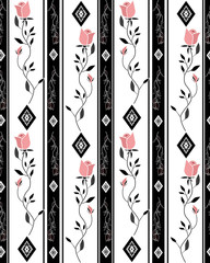 Seamless retro roses flowers pattern striped background