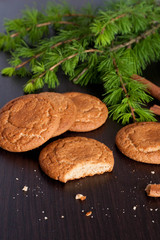 Gingerbread cookies and spruce branches on a black background