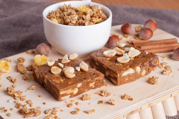 nut bur on wooden board, close-up