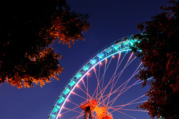 Ferris wheel with orange and light blue illumination with trees.