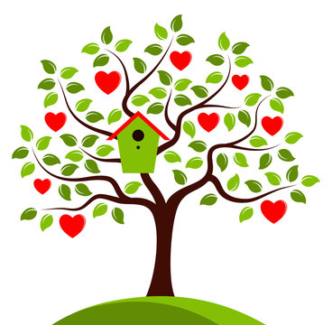 heart tree with nesting bird box