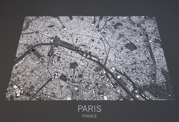 Mappa Parigi, vista satellitare, città Francia, 3d, bianco e nero