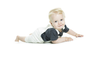 Cute baby with big blue eyes in denim on white background.
