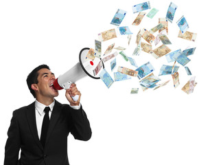 Businessman Shouting up into a bullhorn
