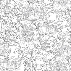 Seamless pattern of flowers peonies black and white graphics