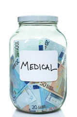 Glass jar full of Euro currency for medical purposes