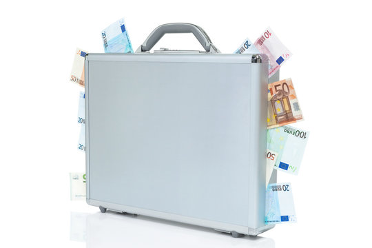 Silver brief case with Euro bills coming out of it.