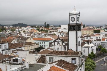 Fototapeta na wymiar Top view of roofs in center Ponta Delgada, Sao Miguel island, Azores.