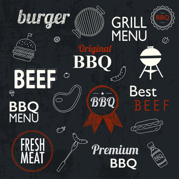 Barbecue Grill Icons and labels for any use, on a grunge backgro