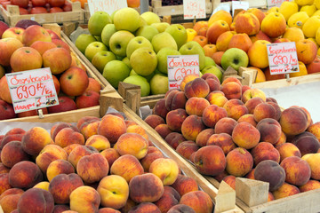 Fruit in baskets on the market in Hungary