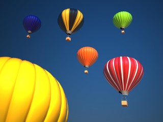 Colorful hot air balloons over blue sky , 3d illustration