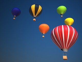 Colorful hot air balloons over blue sky , 3d illustration