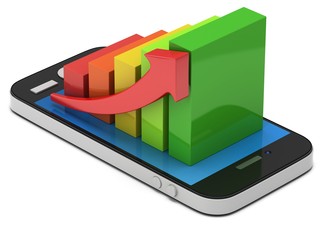 3d colored bar graph with red arrow on smartphone