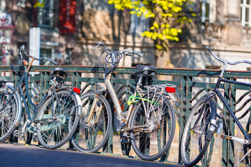 Fototapeta na wymiar Bikes on the bridge in Amsterdam, Netherlands