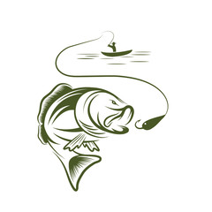 illustration of fisherman in a boat and big mouth bass