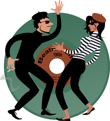 Beatnik couple dancing, vinyl record on the background, vector cartoon, EPS 8