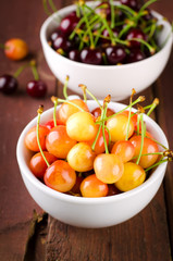 Red and yellow cherries in bowl
