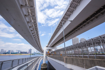 Naklejka premium レインボーブリッジの橋梁と周辺の自然が広がる風景