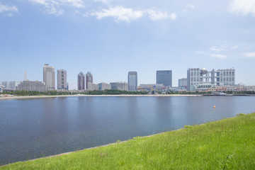 Naklejka premium お台場海浜公園が広がる現代的な街の風景