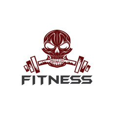 skull holding a barbell in the teeth