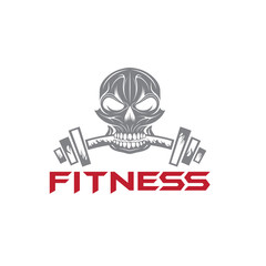 skull holding a barbell in the teeth