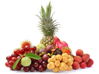 Assortment of exotic fruits isolated on white background