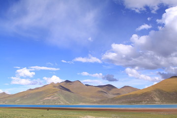 Fototapeta na wymiar Lake with mountain tin Tibet