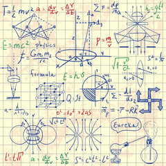 Physical formulas, graphics and scientific calculations. Back to School: science lab objects doodle vintage style sketches. Vintage hand drawn illustration 