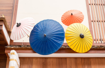 Colorful Japanese umbrella use to decoration infront of shop.