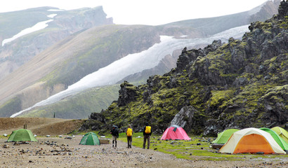 Tourist tent in the camping. Landmannalaugar. Iceland