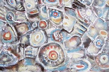 Abstract painting. Background with orange,brown and blue circles on the water. Mountain river, river stones, the movement of water,horizontal picture. Image for interior, as part of wall decorations